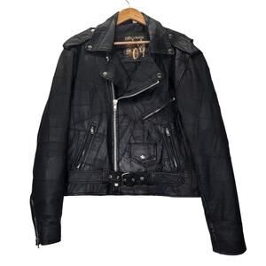 Vtg The Pierce Arrow Black Leather Patchwork Distressed Biker Moto Jacket Sz XL